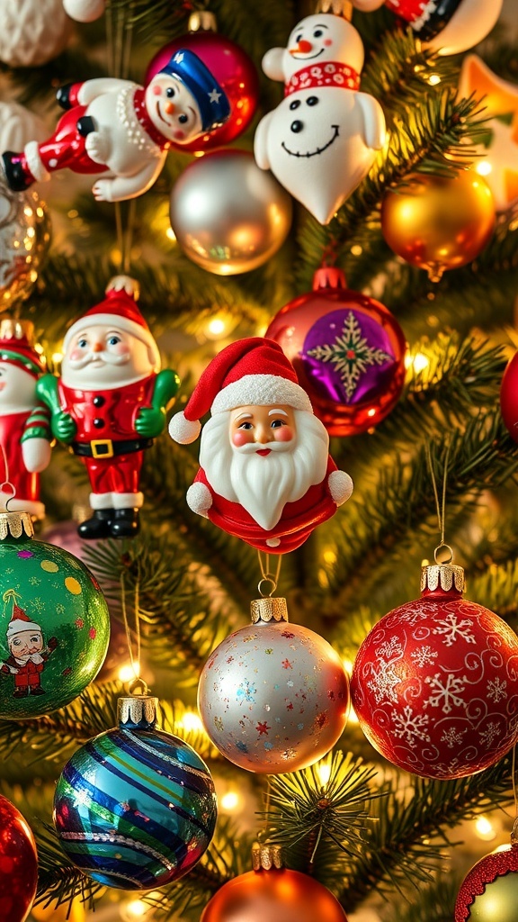 A nostalgic display of 90s vintage Christmas ornaments, including colorful glass and playful character designs, on a decorated Christmas tree.